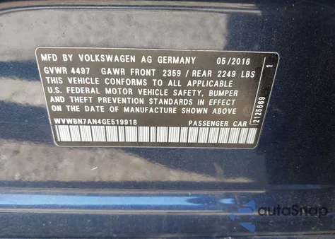 2016 Volkswagen Cc 2.0T Sport z USA, uszkodzony, nr VIN WVWBN7AN4GE519918